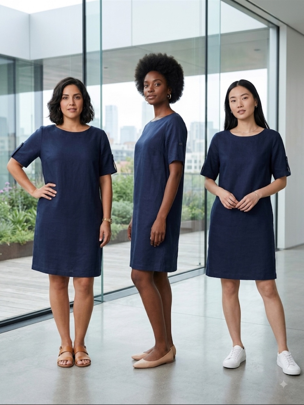 Neiman Marcus Navy Short-Sleeve Midi Shift Dress